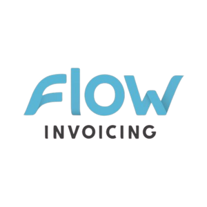 Logo with the word "FLOW" in bold, blue, stylized letters above "INVOICING" in smaller, black capitals on a light gray background, highlighting ServiceAlert and ominaisuudet.