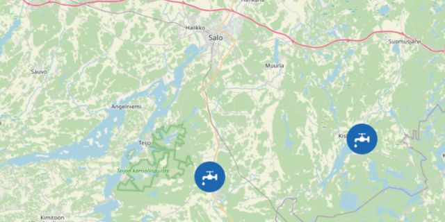 Karttanäkymä Salon alueelta, jossa vesihuollon häiriö- tai työmaakohteet on merkitty kartalle vesihana-kuvakkeilla.